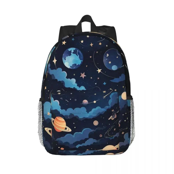 Ryggsäck med rymdmotiv och planeter, perfekt för astronomi- och vetenskapsentusiaster, perfekt för skolan eller utomhusaktiviteter.