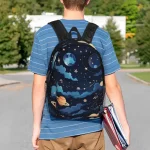 Ryggsäck för barn med rymd- och planetmönster, perfekt för skolan eller vetenskapliga aktiviteter, inspirerad av universum och astronomi.