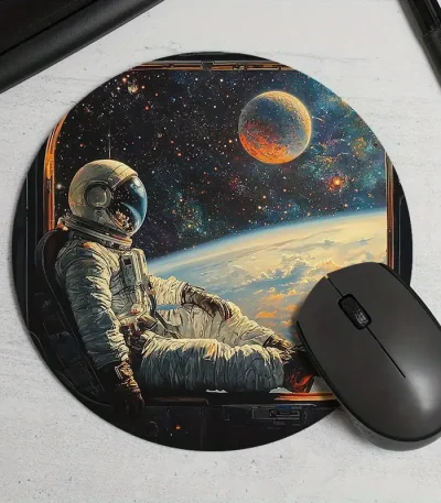 Astronaut som svävar i rymden med vy över jorden och en planet.