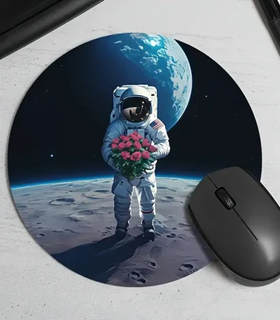 Illustration av en astronaut som håller en bukett blommor på månens yta med jorden i bakgrunden, som symboliserar fred och rymdutforskning.