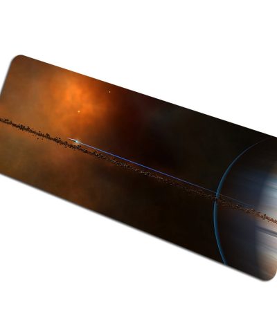 Bild av en vy av Vintergatan från rymden, som visar en lysande galaxskiva med ett klart centrum och spiralarmar som sträcker sig ut i en mörk stjärnig bakgrund.
