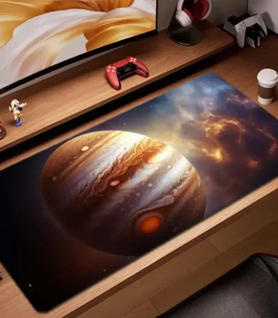 Skrivbordsmatta med bild av Jupiter och rymden, perfekt för astronomi- och vetenskapsälskare. Lägg till en kosmisk touch till ditt arbets- eller spelutrymme med denna unika matta.