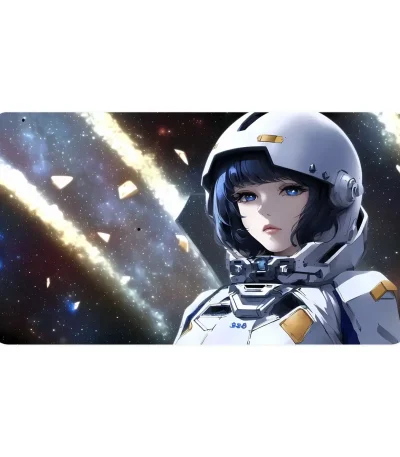 En kvinnlig karaktär i rymddräkt i en kosmisk miljö med stjärnor och nebulosor.