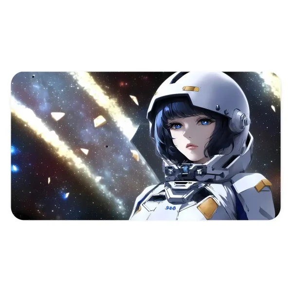 En kvinnlig karaktär i rymddräkt i en kosmisk miljö med stjärnor och nebulosor.