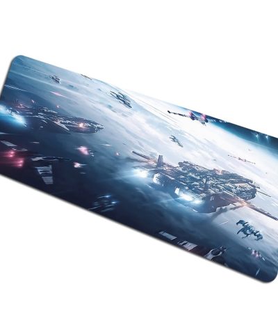 Futuristiskt rymdskepp i flygning i rymden med lysande ljus och en stjärnig bakgrund, som illustrerar science fiction och rymdutforskning.