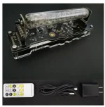 Elektroniskt kontrollpanel med digital visning, fjärrkontroll, USB-kabel och nätadapter för vetenskapliga experiment.