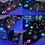 Elektronisk kontrollpanel med färgglada LED-lampor och tekniska komponenter, som illustrerar modern vetenskaplig dekoration.