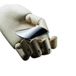 Robotdocka i trä med rörlig hand, som illustrerar mekanik och teknologi i en minimalistisk design.