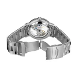 Transparent mekanisk klocka i stål med synlig rörelse, metallarmband, modern och sofistikerad design, perfekt för klockentusiaster.