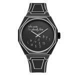 Klocka med vetenskaplig design och svart urtavla med humoristisk text "Who cares, I'm already late", idealisk för vetenskaps- och originaldekoration.