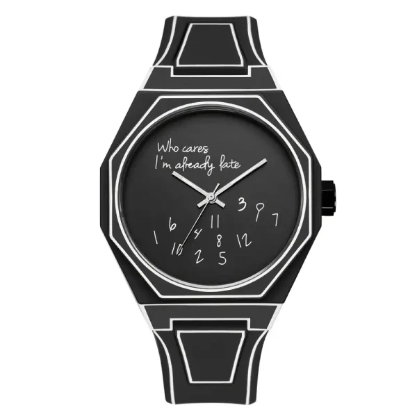 Klocka med vetenskaplig design och svart urtavla med humoristisk text "Who cares, I'm already late", idealisk för vetenskaps- och originaldekoration.
