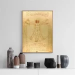Reproduktion av det emblematiska verket av Leonardo da Vinci, "Vitruviusmannen", som illustrerar de ideala proportionerna av den mänskliga kroppen med en detaljerad skiss.