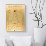 Reproduktion av skissen av Vitruviusmannen av Leonardo da Vinci, som illustrerar de ideala proportionerna av den mänskliga kroppen i en gammaldags konststil.