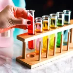 Vitrine i trä med färgglada provrör för vetenskapliga experiment eller inredning.