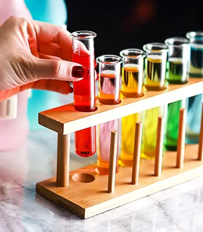 Vitrine i trä med färgglada provrör för vetenskapliga experiment eller inredning.