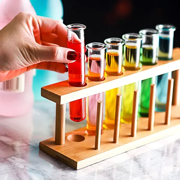 Vitrine i trä med färgglada provrör för vetenskapliga experiment eller inredning.