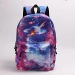 Galaxryggsäck med kosmiskt mönster och planeter.