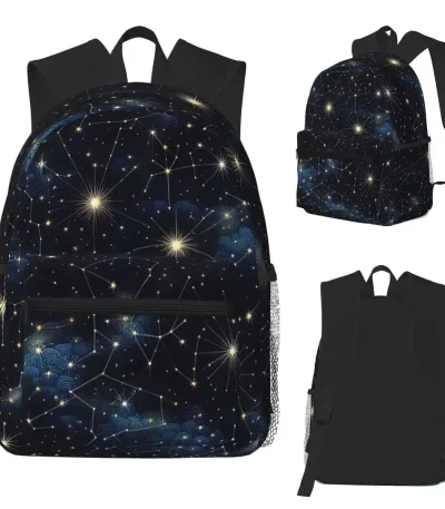 Ryggsäck med mönster av konstellationer och lysande stjärnor, perfekt för astronomi- och vetenskapsentusiaster. Design inspirerad av universum, idealisk för skolan eller utflykter.