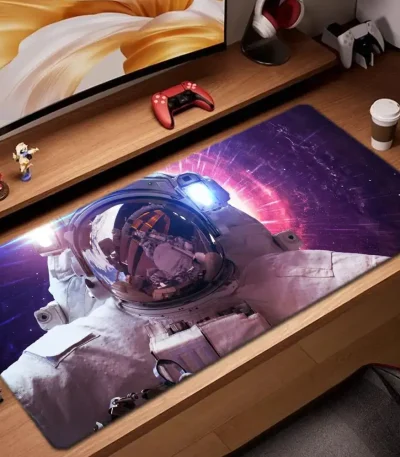 Skrivbordspanel med musmatta som föreställer en astronaut i rymden, omgiven av figurer och föremål relaterade till vetenskap och teknologi.