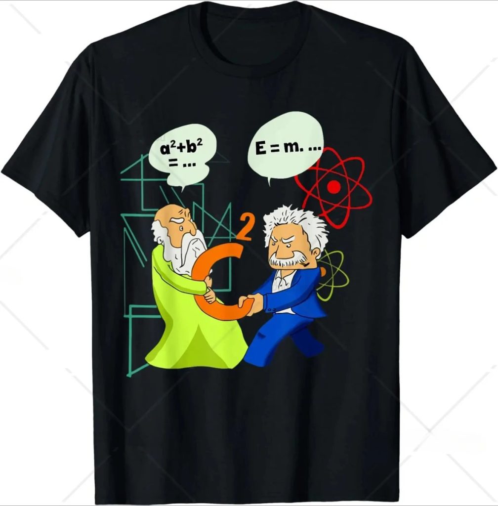 Vetenskaplig hängsmycke illustrerat med två karikatyrkaraktärer som utbyter ett matematiskt symbol, omgiven av formler och atomikoner, som representerar vetenskap och forskning.