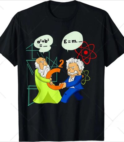 Vetenskaplig hängsmycke illustrerat med två karikatyrkaraktärer som utbyter ett matematiskt symbol, omgiven av formler och atomikoner, som representerar vetenskap och forskning.