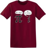 Röd t-shirt med Pi-symbol och symbolen "i" som diskuterar, slogans "Get real!" och "Be rational!".