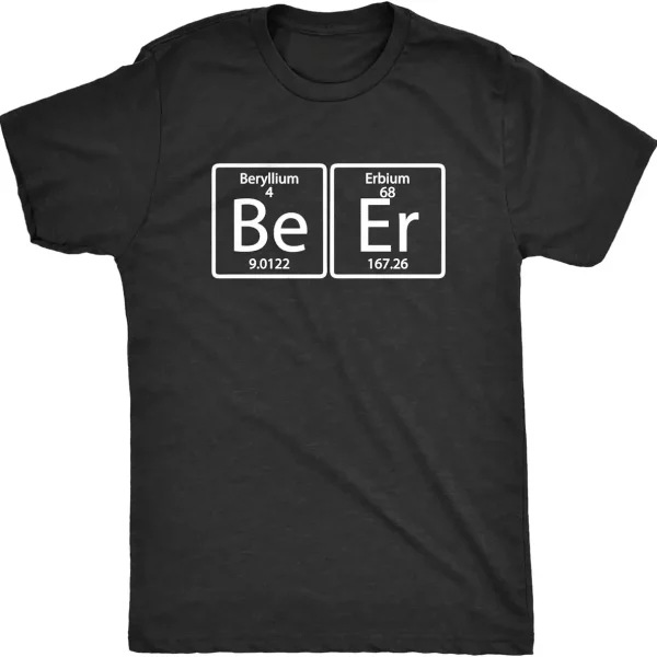 Svart t-shirt med vetenskaplig design som representerar de kemiska symbolerna för Beryllium (Be) och Erbium (Er), som illustrerar fusionen av vetenskap och mode.