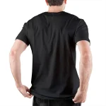 Svart t-shirt med vetenskapligt mönster, perfekt för vetenskaps- och geek-dekoration, utmärkt för en avslappnad och trendig look.