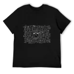 Svart t-shirt med en stiliserad katt omgiven av vita vetenskapliga formler.