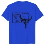Blå t-shirt med illustration av en dinosaurie och vetenskaplig text om dinosauriernas fysik, perfekt för vetenskaps- och avslappnad modeentusiaster.