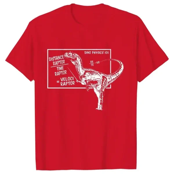 Röd t-shirt med illustration av en dinosaurie och fysiknoteringar, perfekt för vetenskaps- och dinosauriefantaster.