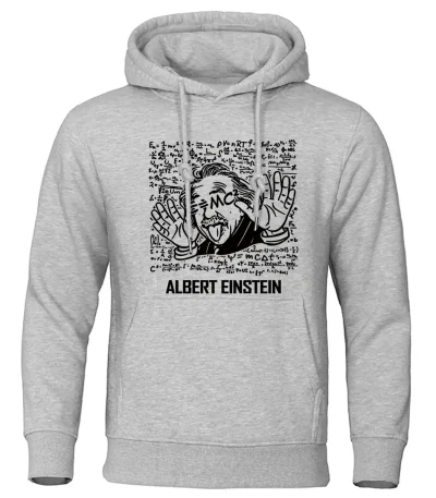 Grå hoodie med humoristisk illustration av Albert Einstein som gör en fredsgest, omgiven av matematiska och vetenskapliga formler.