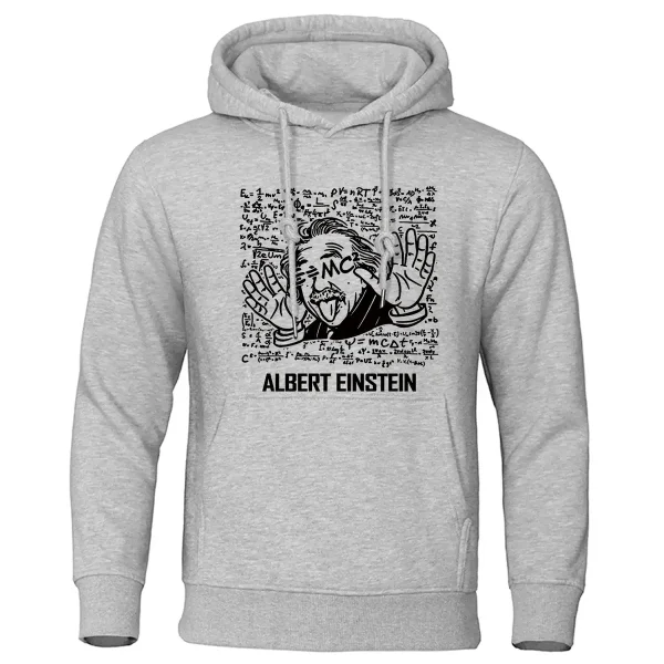 Grå hoodie med humoristisk illustration av Albert Einstein som gör en fredsgest, omgiven av matematiska och vetenskapliga formler.
