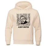 Vit hoodie med illustration av Albert Einstein som gör en handgest, omgiven av vetenskapliga ekvationer, perfekt för vetenskaps- och geek-dekoration.