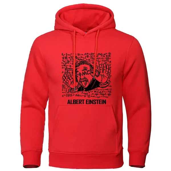 Röd hoodie med humoristisk illustration av Albert Einstein som gör en fredsgest, åtföljd av stiliserade vetenskapliga texter.