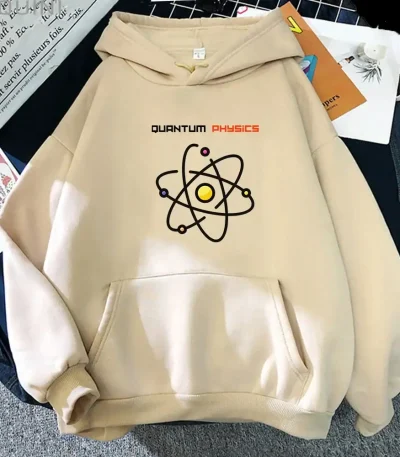 Hoodie med atomdesign och texten "Quantum Physics" för vetenskapsentusiaster.