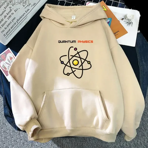 Hoodie med atomdesign och texten "Quantum Physics" för vetenskapsentusiaster.