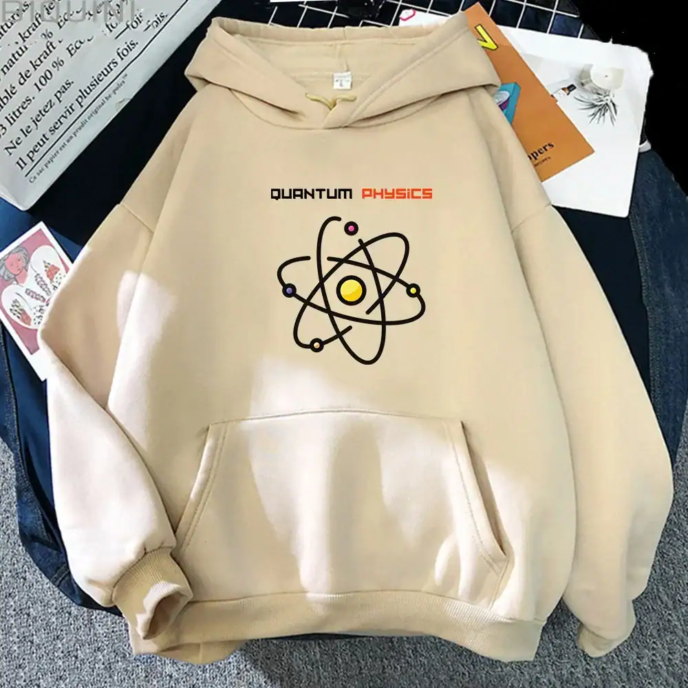 Hoodie med atomdesign och texten "Quantum Physics" för vetenskapsentusiaster.
