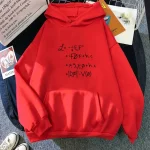 Röd sweatshirt med tryckt vetenskaplig ekvation, perfekt för vetenskaps- och avslappnad modeentusiaster.