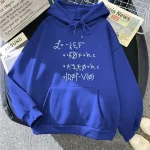 Blå huvtröja med tryck av matematiska formler, perfekt för vetenskaps- och modeentusiaster, idealisk för en avslappnad outfit eller vetenskaplig stilinredning.