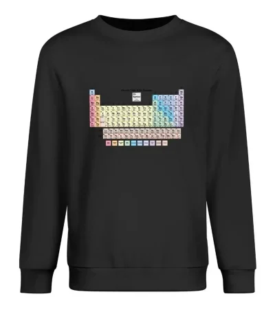 Periodiskt system av vetenskapligt tabell som visas på en svart sweatshirt, som illustrerar kemiska element med deras symboler och atomnummer.