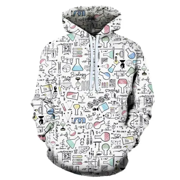 Hoodie med mönster av symboler och vetenskapliga och biologiska instrument. Originaldesign för vetenskaps- och forskningsentusiaster.