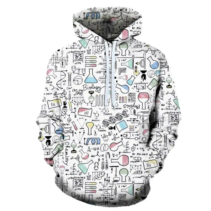 Hoodie med mönster av symboler och vetenskapliga och biologiska instrument. Originaldesign för vetenskaps- och forskningsentusiaster.