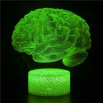 Representation av en upplyst grön neonskulptur av en hjärna med en upplyst bas, som illustrerar ett modernt och innovativt vetenskapligt dekorationsobjekt.