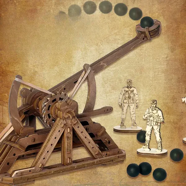 Fysikspel med en trämekanism och svarta kulor som illustrerar rörelse och gravitation.