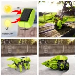 Solpanel med halogenlampa och trädgårdsrobot i form av en dinosaurie, båda drivna av solenergi, i en solig utomhusmiljö.
