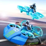 Bild av en futuristisk racingraket med två piloter i högteknologiska dräkter, som flyger i hög hastighet på en bana, med en innovativ design och blå LED-lampor.