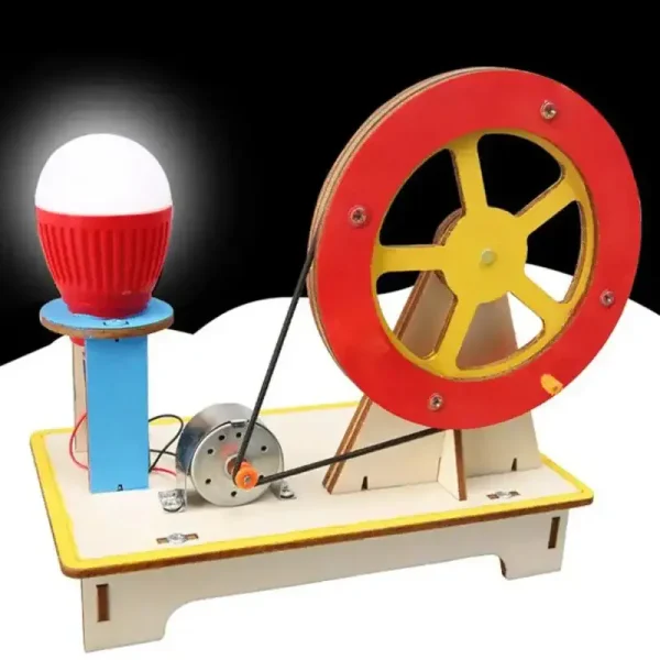 Parafras av en pedagogisk ångmaskin med hjul, spole och glödlampa, designad för vetenskapligt lärande och dekoration.