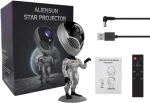 AlienSun stjärnprojektor med utomjordingfigur, USB-kabel och fjärrkontroll, perfekt för vetenskaplig dekoration och kosmisk atmosfär.