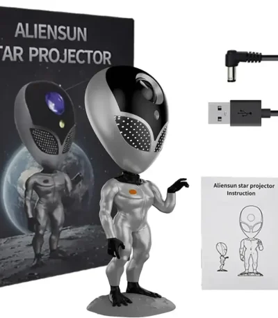 AlienSun stjärnprojektor med utomjordingfigur, USB-kabel och fjärrkontroll, perfekt för vetenskaplig dekoration och kosmisk atmosfär.
